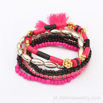 Multi camadas Tassel frisados pulseiras strass acrílico banda